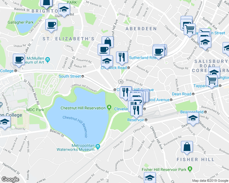 map of restaurants, bars, coffee shops, grocery stores, and more near in Boston