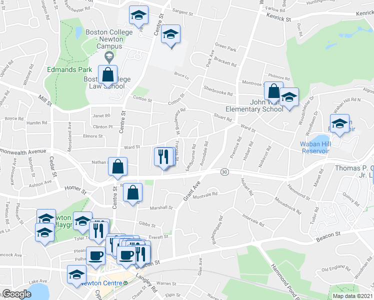 map of restaurants, bars, coffee shops, grocery stores, and more near 143 Eastbourne Road in Newton