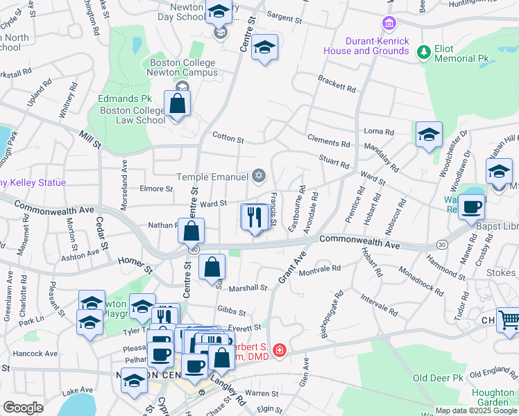 map of restaurants, bars, coffee shops, grocery stores, and more near 12 Garner Street in Newton