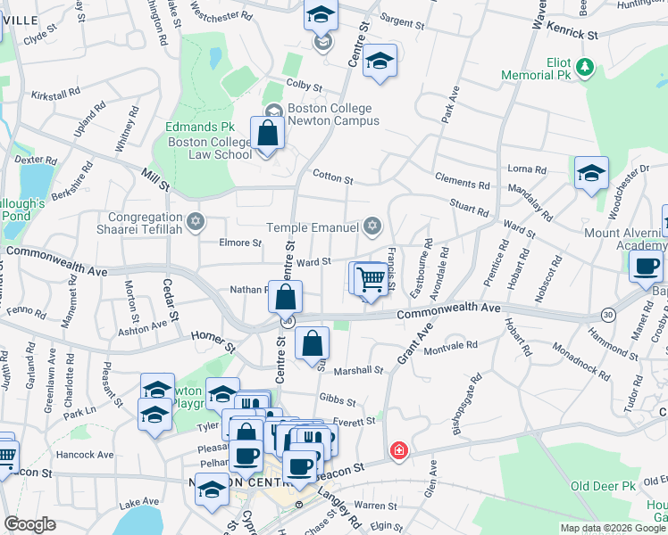 map of restaurants, bars, coffee shops, grocery stores, and more near 15 Sumner Street in Newton