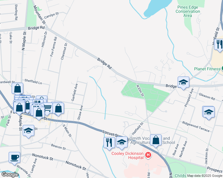 map of restaurants, bars, coffee shops, grocery stores, and more near 575 Bridge Road in Northampton