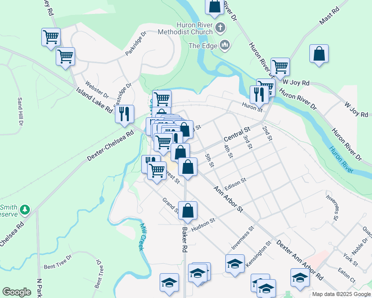 map of restaurants, bars, coffee shops, grocery stores, and more near 8300 Main Street in Dexter