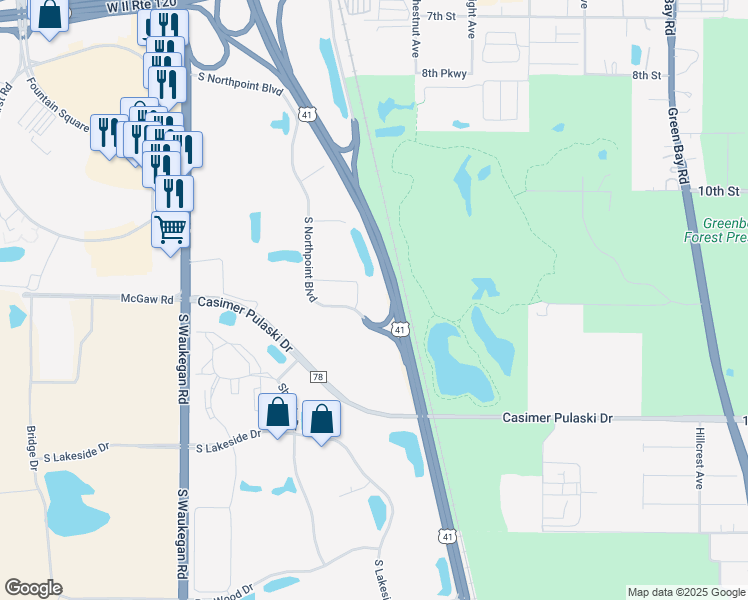 map of restaurants, bars, coffee shops, grocery stores, and more near 1161 South Northpoint Boulevard in Waukegan