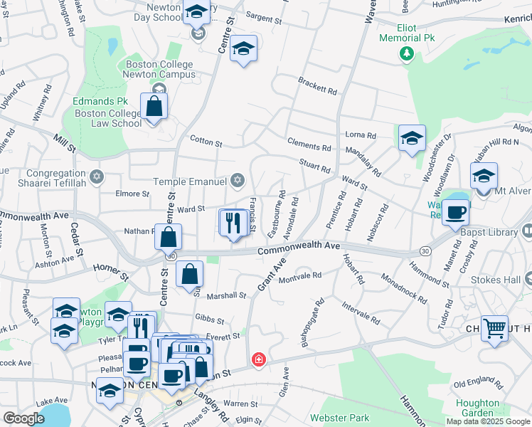 map of restaurants, bars, coffee shops, grocery stores, and more near 22 Westbourne Road in Newton