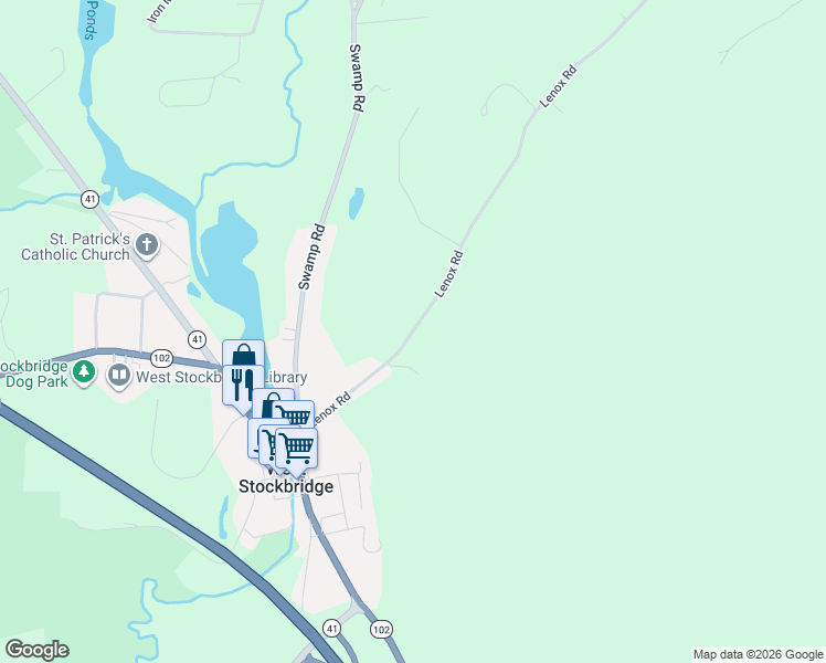 map of restaurants, bars, coffee shops, grocery stores, and more near Lenox Road in West Stockbridge