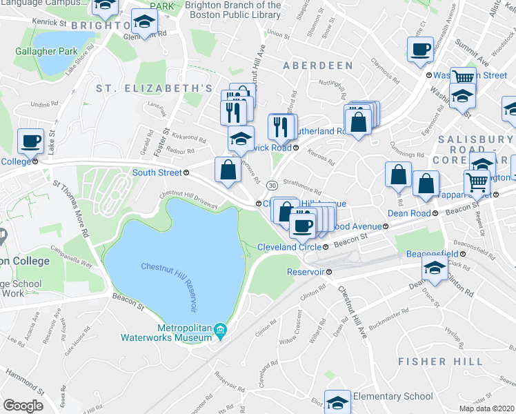 map of restaurants, bars, coffee shops, grocery stores, and more near Chestnut Hill Ave in Boston