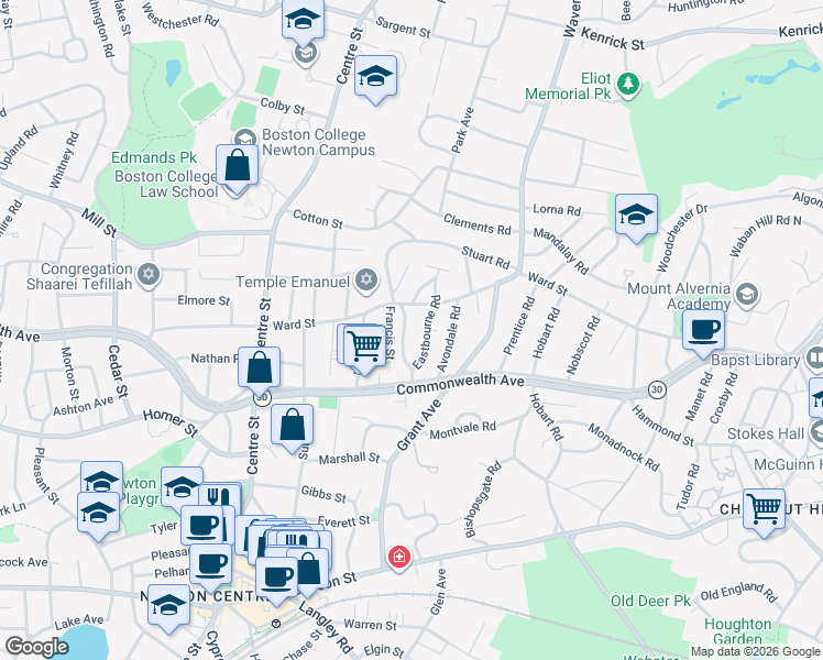 map of restaurants, bars, coffee shops, grocery stores, and more near 143 Eastbourne Road in Newton