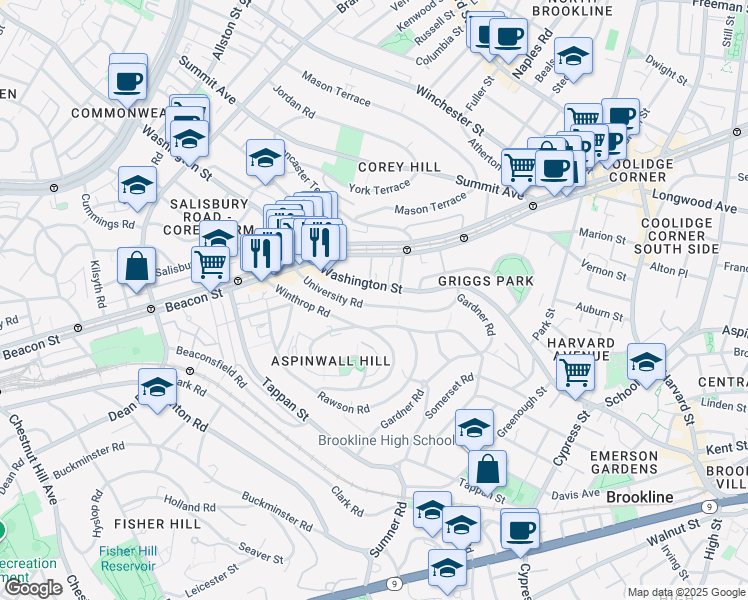 map of restaurants, bars, coffee shops, grocery stores, and more near 119 Winthrop Road in Brookline
