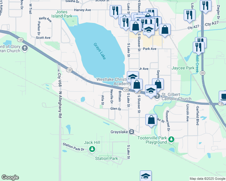 map of restaurants, bars, coffee shops, grocery stores, and more near Hamelitz Court in Grayslake