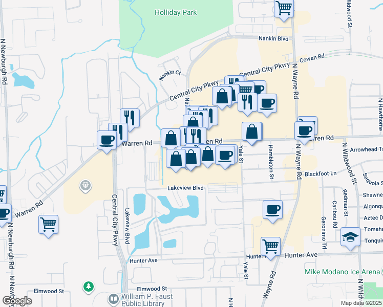 map of restaurants, bars, coffee shops, grocery stores, and more near 35613 Warren Road in Westland
