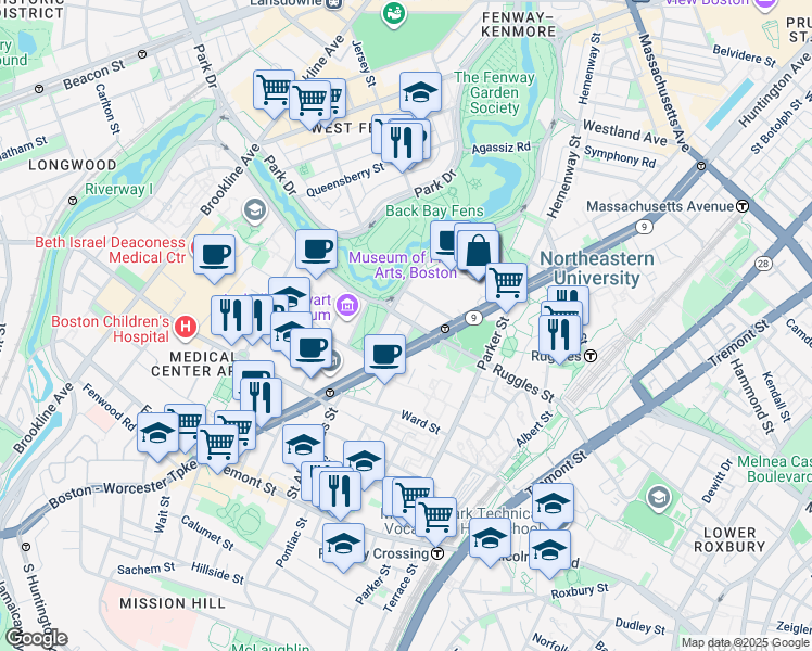 map of restaurants, bars, coffee shops, grocery stores, and more near 19 Vancouver Street in Boston