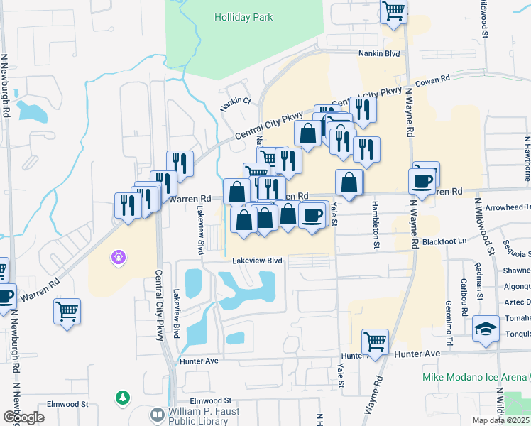 map of restaurants, bars, coffee shops, grocery stores, and more near 35613 Warren Road in Westland