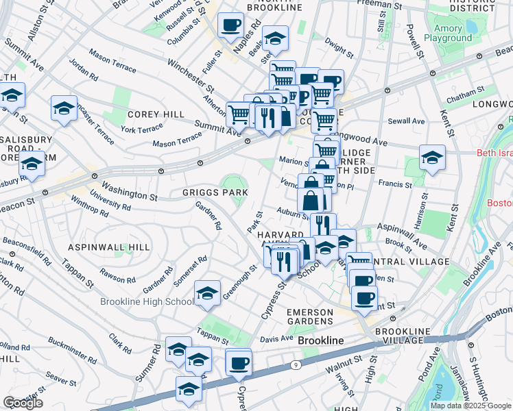 map of restaurants, bars, coffee shops, grocery stores, and more near 32 Park Street in Brookline