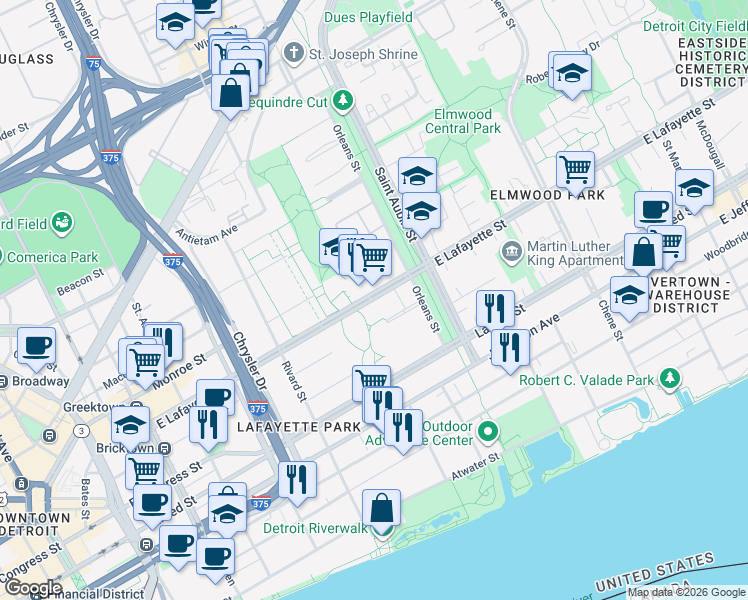 map of restaurants, bars, coffee shops, grocery stores, and more near 1544 East Lafayette Street in Detroit