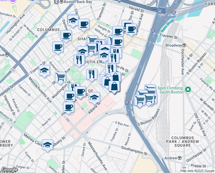 map of restaurants, bars, coffee shops, grocery stores, and more near 99 East Dedham Street in Boston
