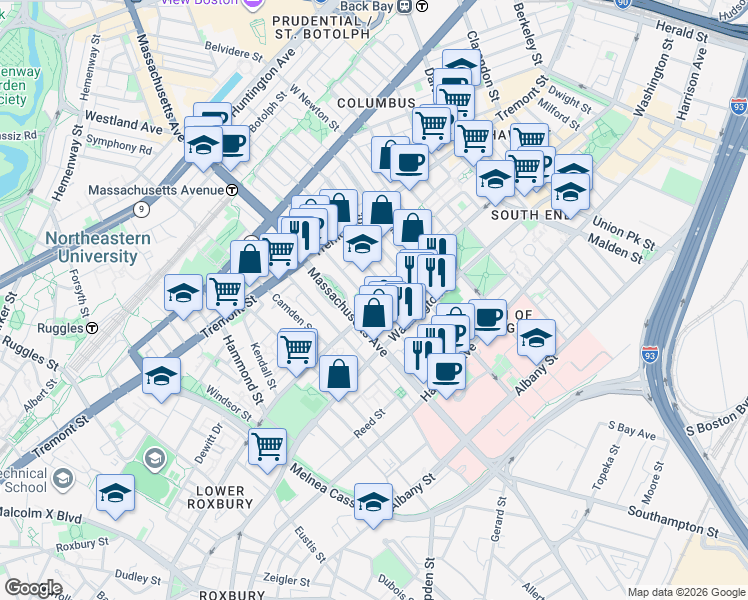 map of restaurants, bars, coffee shops, grocery stores, and more near in Boston