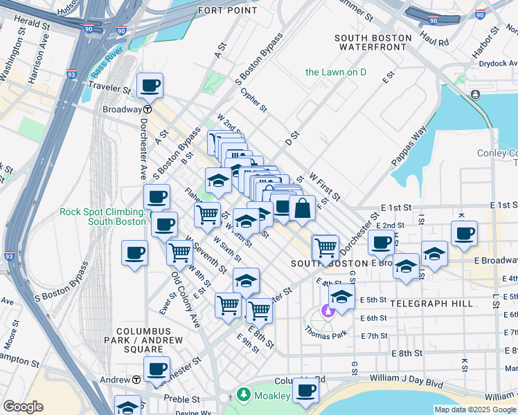 map of restaurants, bars, coffee shops, grocery stores, and more near 350 West Fourth Street in Boston