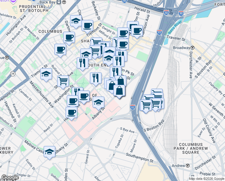 map of restaurants, bars, coffee shops, grocery stores, and more near 99 East Dedham Street in Boston