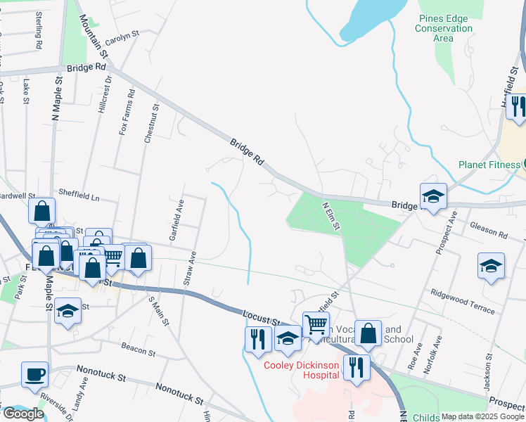 map of restaurants, bars, coffee shops, grocery stores, and more near 575 Bridge Road in Northampton