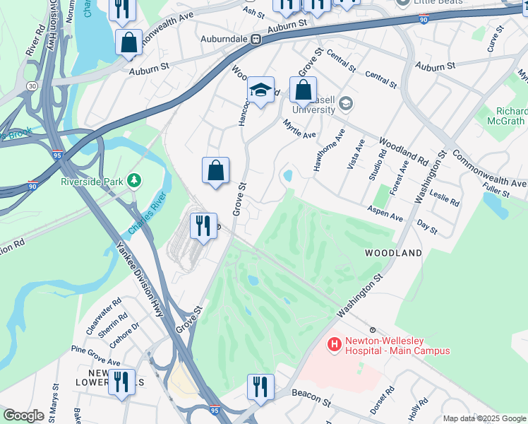 map of restaurants, bars, coffee shops, grocery stores, and more near 274 Grove Street in Newton