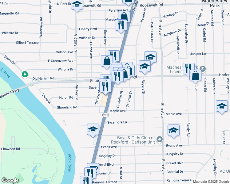 map of restaurants, bars, coffee shops, grocery stores, and more near 7811 North 2nd Street in Machesney Park