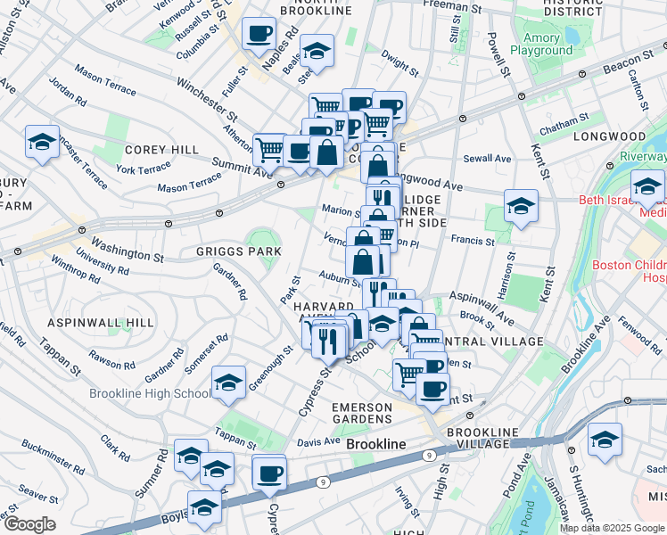 map of restaurants, bars, coffee shops, grocery stores, and more near 2 Washburn Place in Brookline