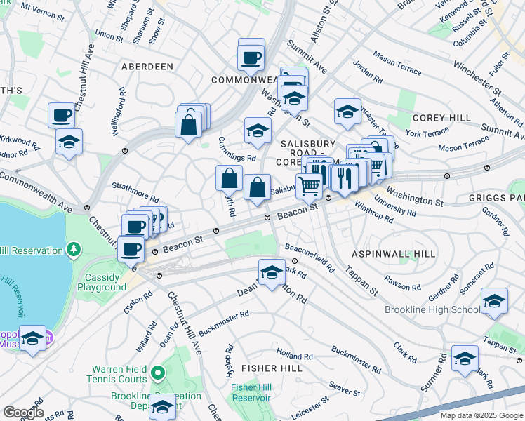 map of restaurants, bars, coffee shops, grocery stores, and more near 1763 Beacon Street in Brookline