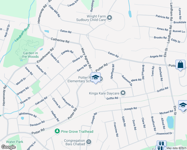 map of restaurants, bars, coffee shops, grocery stores, and more near 480 Potter Road in Framingham