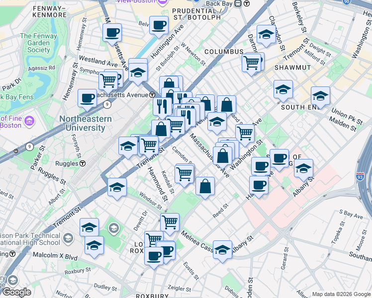 map of restaurants, bars, coffee shops, grocery stores, and more near 85 Camden Street in Boston