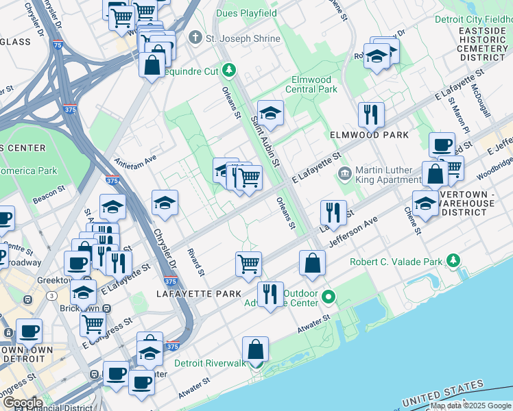 map of restaurants, bars, coffee shops, grocery stores, and more near 1544 East Lafayette Street in Detroit