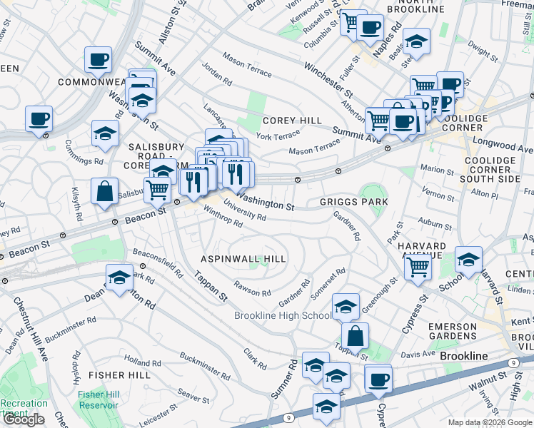 map of restaurants, bars, coffee shops, grocery stores, and more near 119 Winthrop Road in Brookline