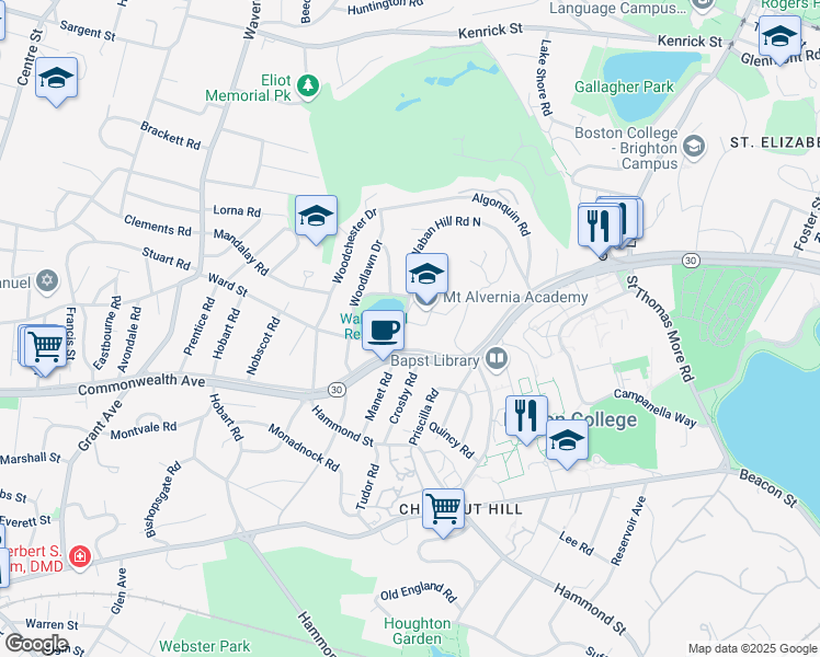 map of restaurants, bars, coffee shops, grocery stores, and more near 219 Commonwealth Avenue in Newton