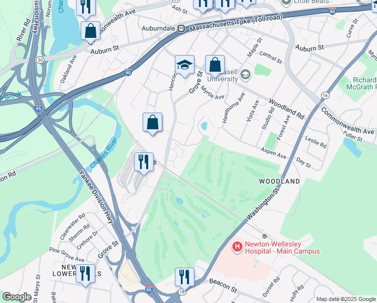map of restaurants, bars, coffee shops, grocery stores, and more near 282 Grove Street in Newton