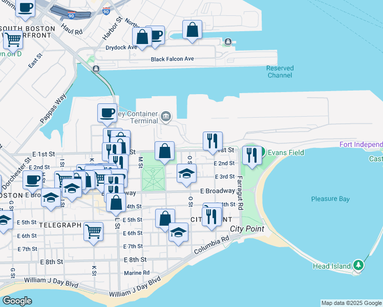 map of restaurants, bars, coffee shops, grocery stores, and more near 2 O Street in Boston