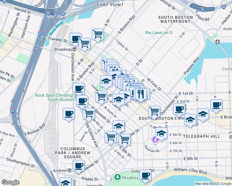 map of restaurants, bars, coffee shops, grocery stores, and more near 350 West Fourth Street in Boston