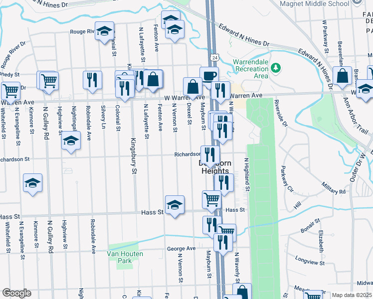 map of restaurants, bars, coffee shops, grocery stores, and more near 6635 Drexel Street in Dearborn Heights