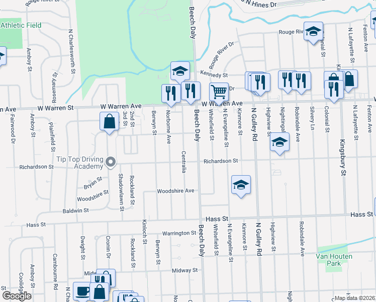 map of restaurants, bars, coffee shops, grocery stores, and more near 6804 Centralia Street in Dearborn Heights