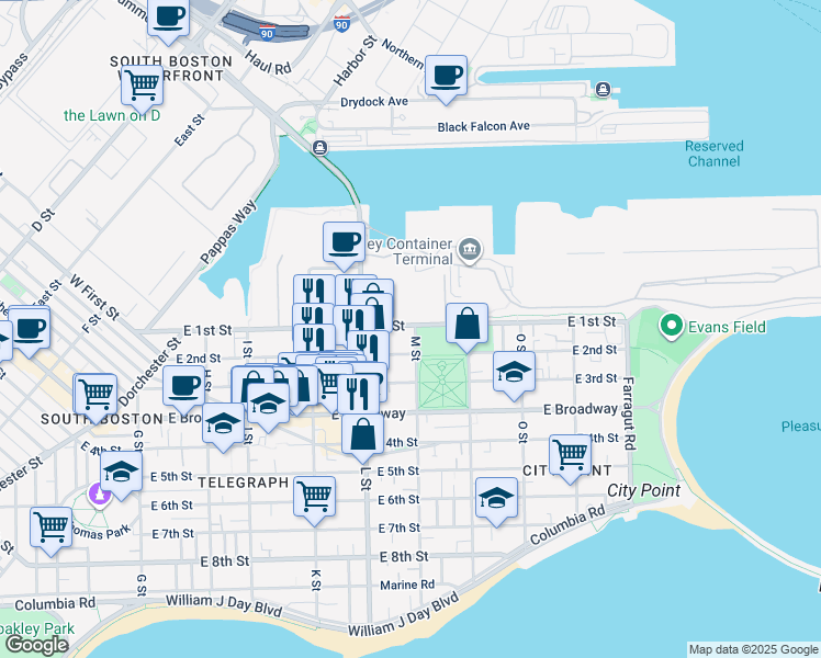 map of restaurants, bars, coffee shops, grocery stores, and more near 730 East 2nd Street in Boston