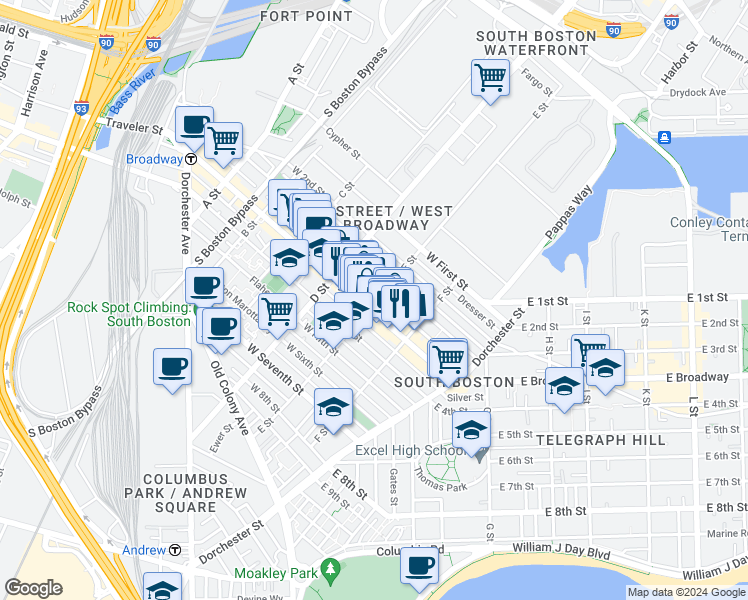 map of restaurants, bars, coffee shops, grocery stores, and more near in Boston