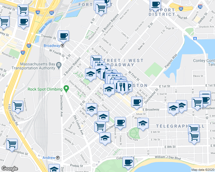 map of restaurants, bars, coffee shops, grocery stores, and more near 350 West Fourth Street in Boston