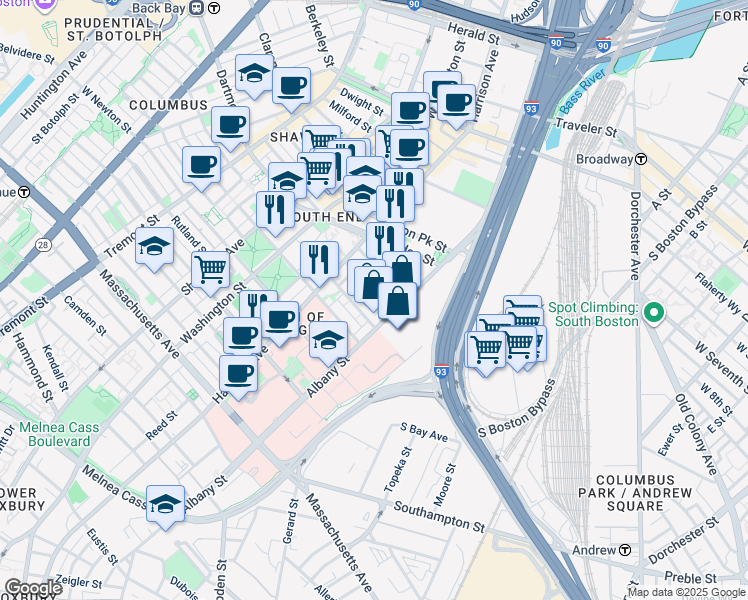 map of restaurants, bars, coffee shops, grocery stores, and more near 595 Albany Street in Boston