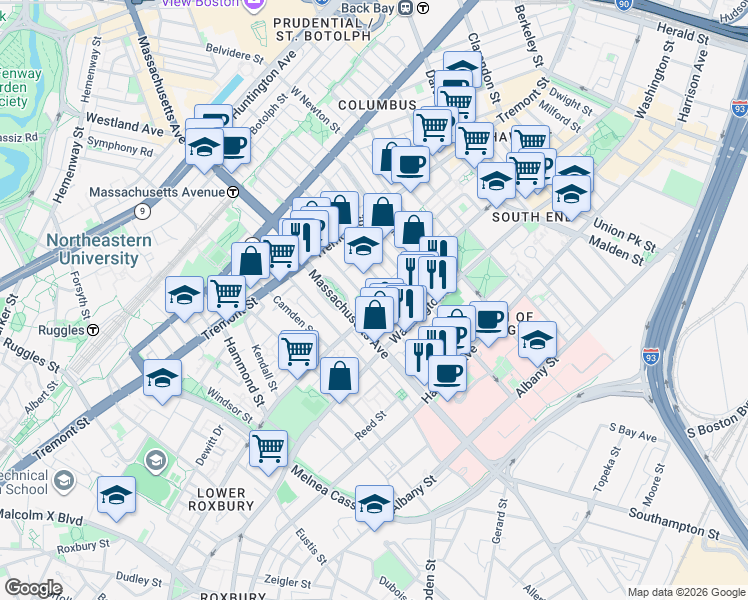 map of restaurants, bars, coffee shops, grocery stores, and more near in Boston