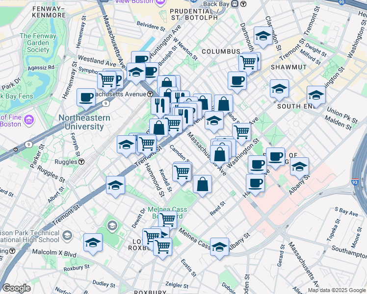 map of restaurants, bars, coffee shops, grocery stores, and more near 85 Camden Street in Boston
