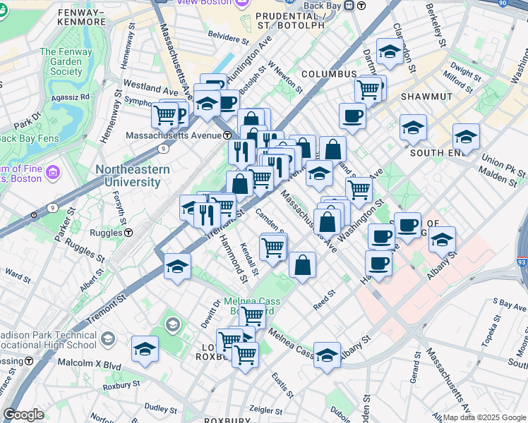 map of restaurants, bars, coffee shops, grocery stores, and more near 85 Camden Street in Boston