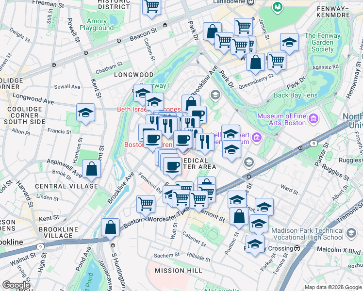 map of restaurants, bars, coffee shops, grocery stores, and more near 350 Longwood Avenue in Boston