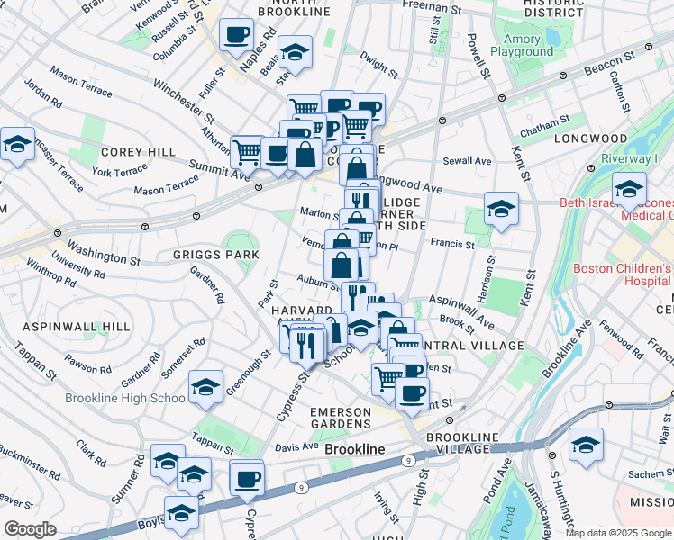 map of restaurants, bars, coffee shops, grocery stores, and more near 2 Washburn Place in Brookline