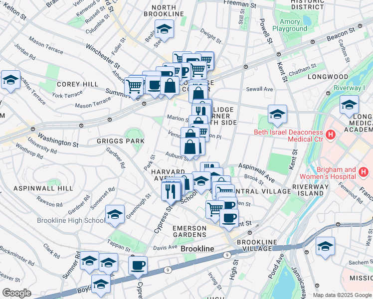 map of restaurants, bars, coffee shops, grocery stores, and more near 2 Washburn Place in Brookline