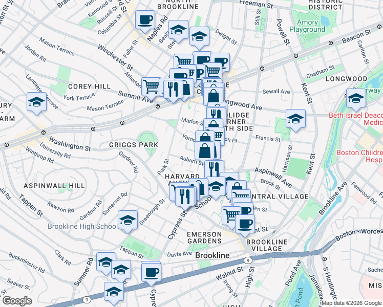 map of restaurants, bars, coffee shops, grocery stores, and more near 2 Washburn Place in Brookline