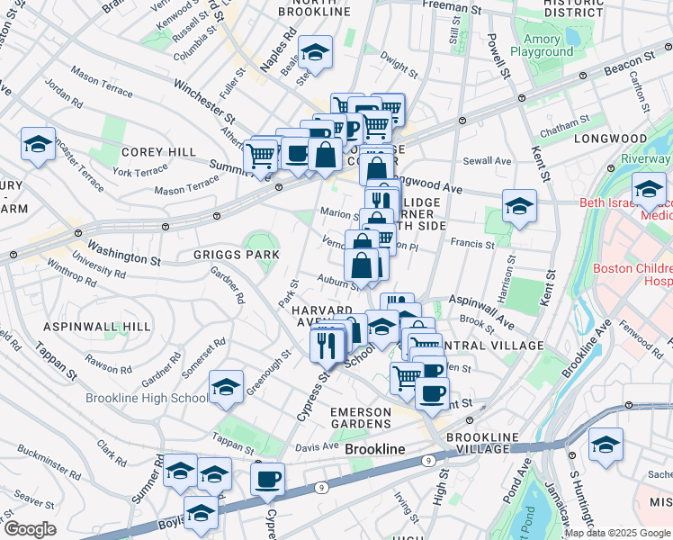 map of restaurants, bars, coffee shops, grocery stores, and more near 2 Washburn Place in Brookline