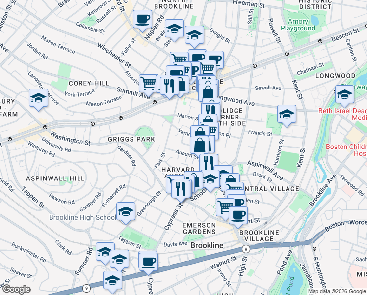 map of restaurants, bars, coffee shops, grocery stores, and more near 2 Washburn Place in Brookline